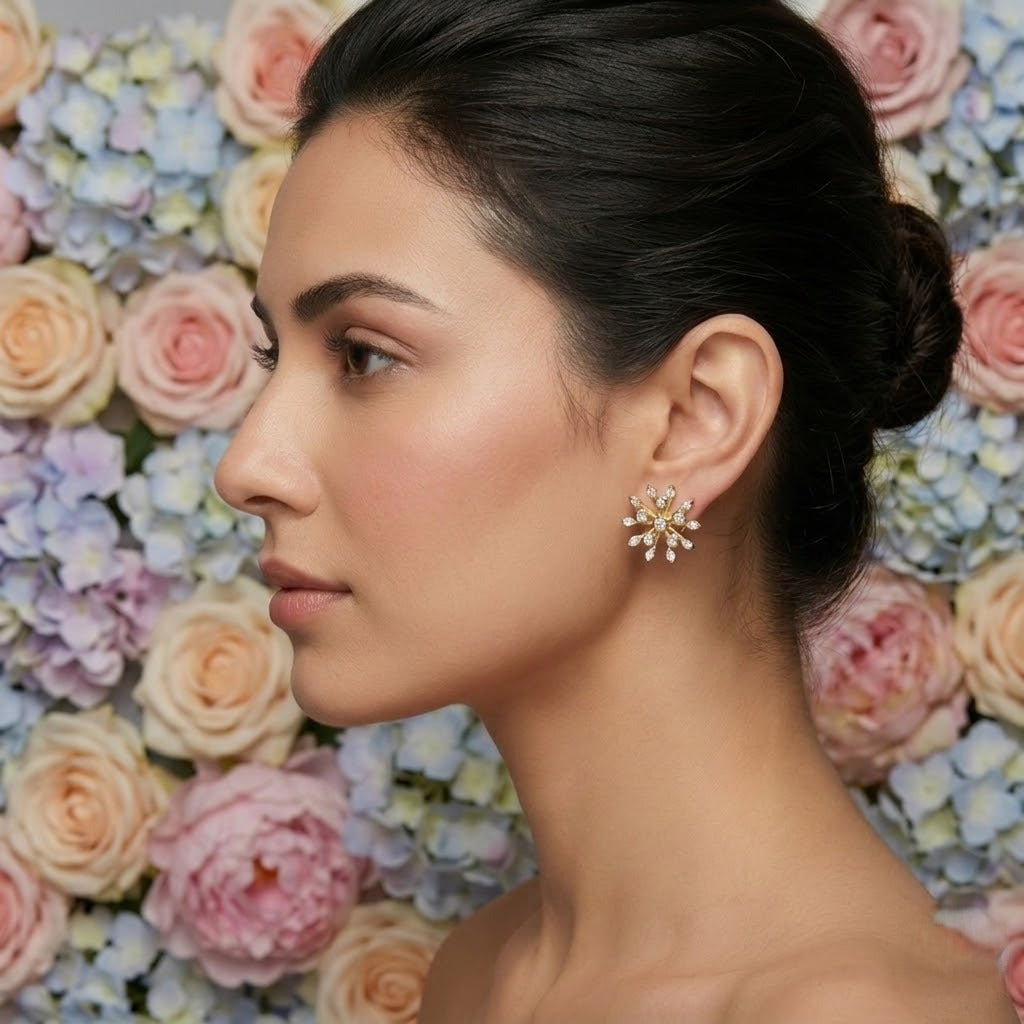 Floral Cluster Rose Gold Diamond Gold Earrings