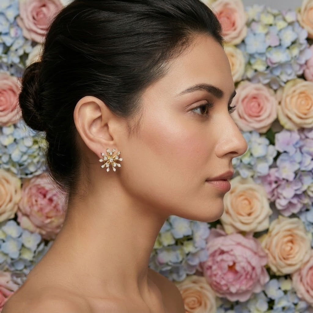 Floral Cluster Rose Gold Diamond Gold Earrings