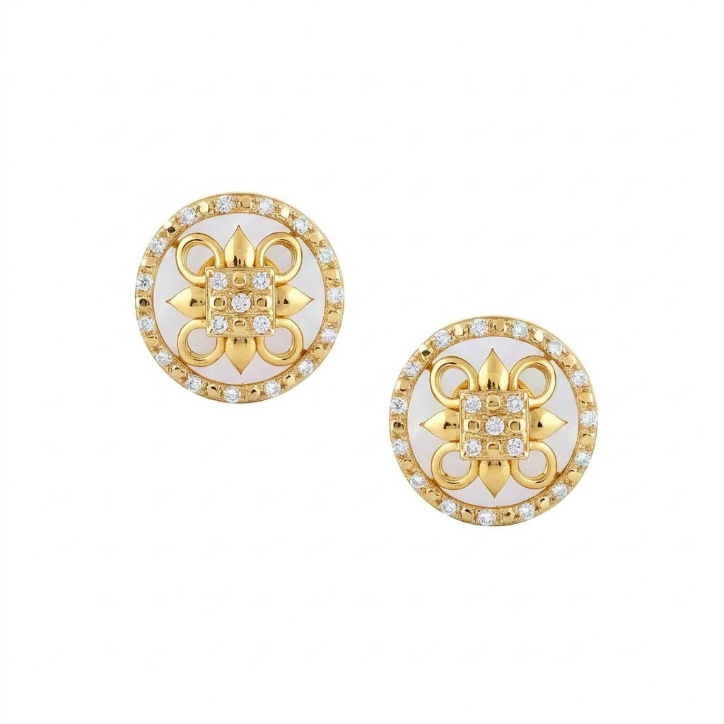 Floral Medallion Diamond Gold Earrings