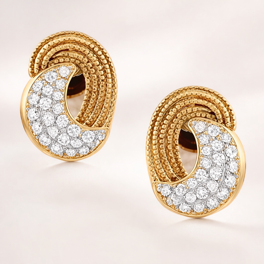 Dual Tone Crescent Flow Diamond Gold Earrings