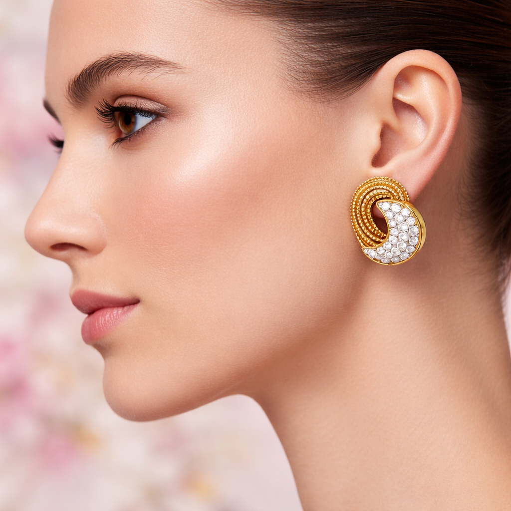 Dual Tone Crescent Flow Diamond Gold Earrings