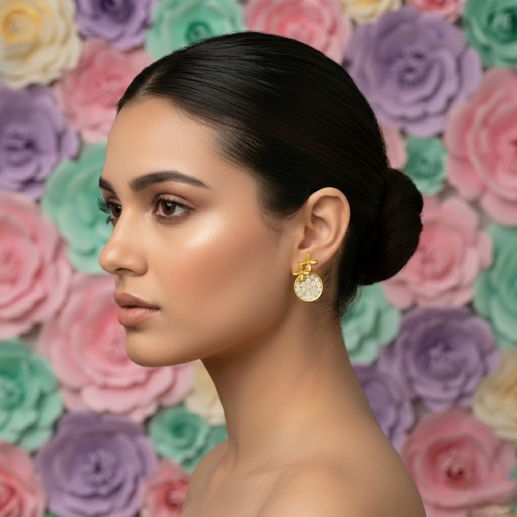 Gold Floral Diamond Drop Earring