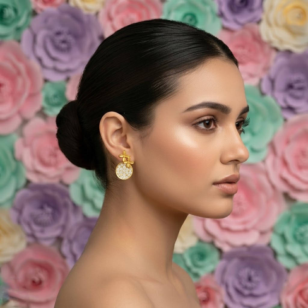 Gold Floral Diamond Drop Earring