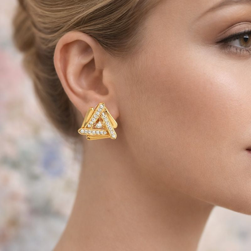 Geometric Triangle Cluster Diamond Gold Earrings