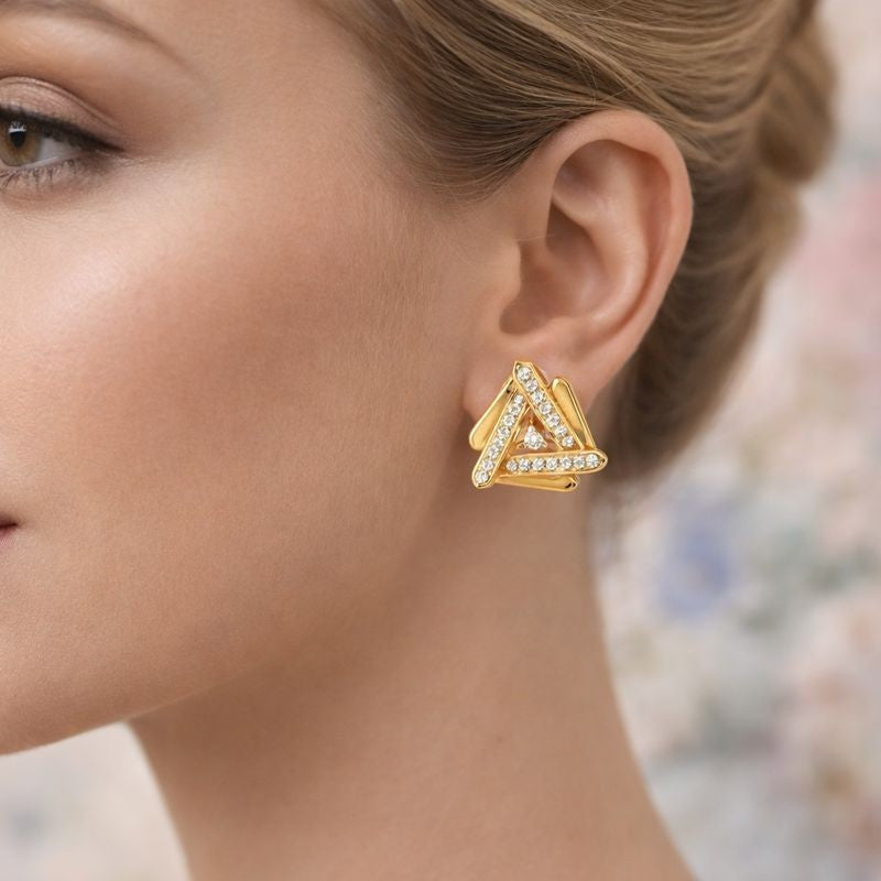 Geometric Triangle Cluster Diamond Gold Earrings