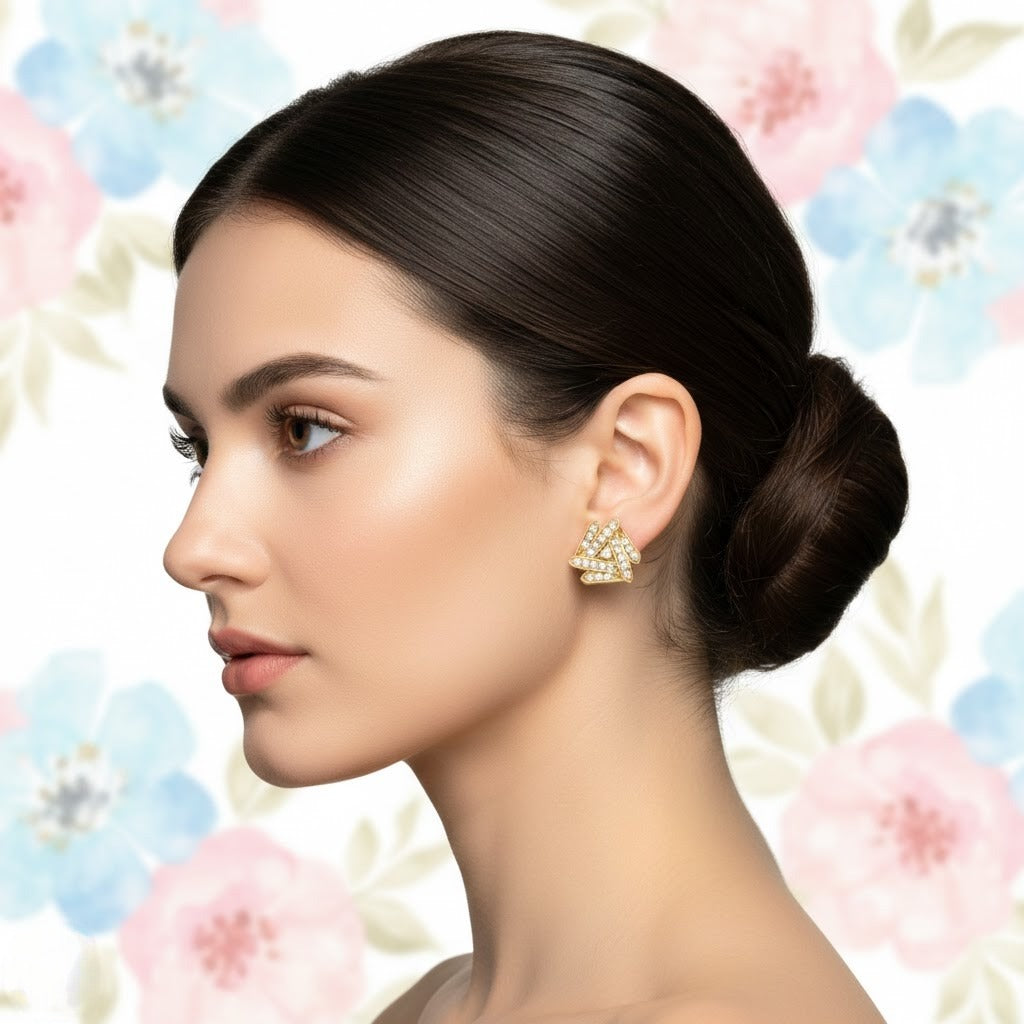 Layered Chevron Form Diamond Gold Earrings