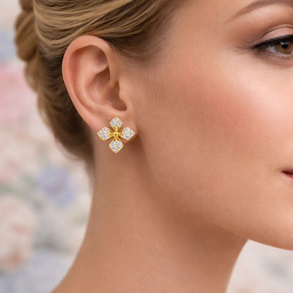 Four Petal Cluster Diamond Gold Earrings