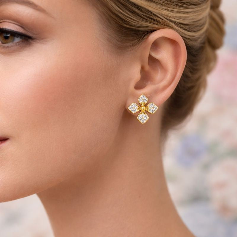 Four Petal Cluster Diamond Gold Earrings