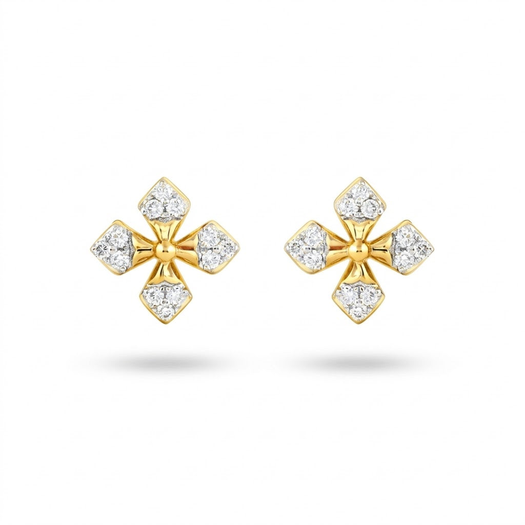 Four Petal Cluster Diamond Gold Earrings