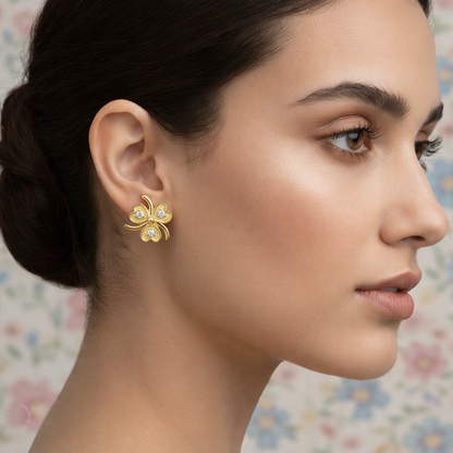 Charming Clover Motif Diamond Gold Earrings