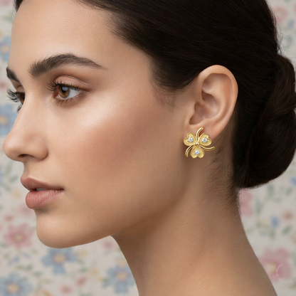 Charming Clover Motif Diamond Gold Earrings