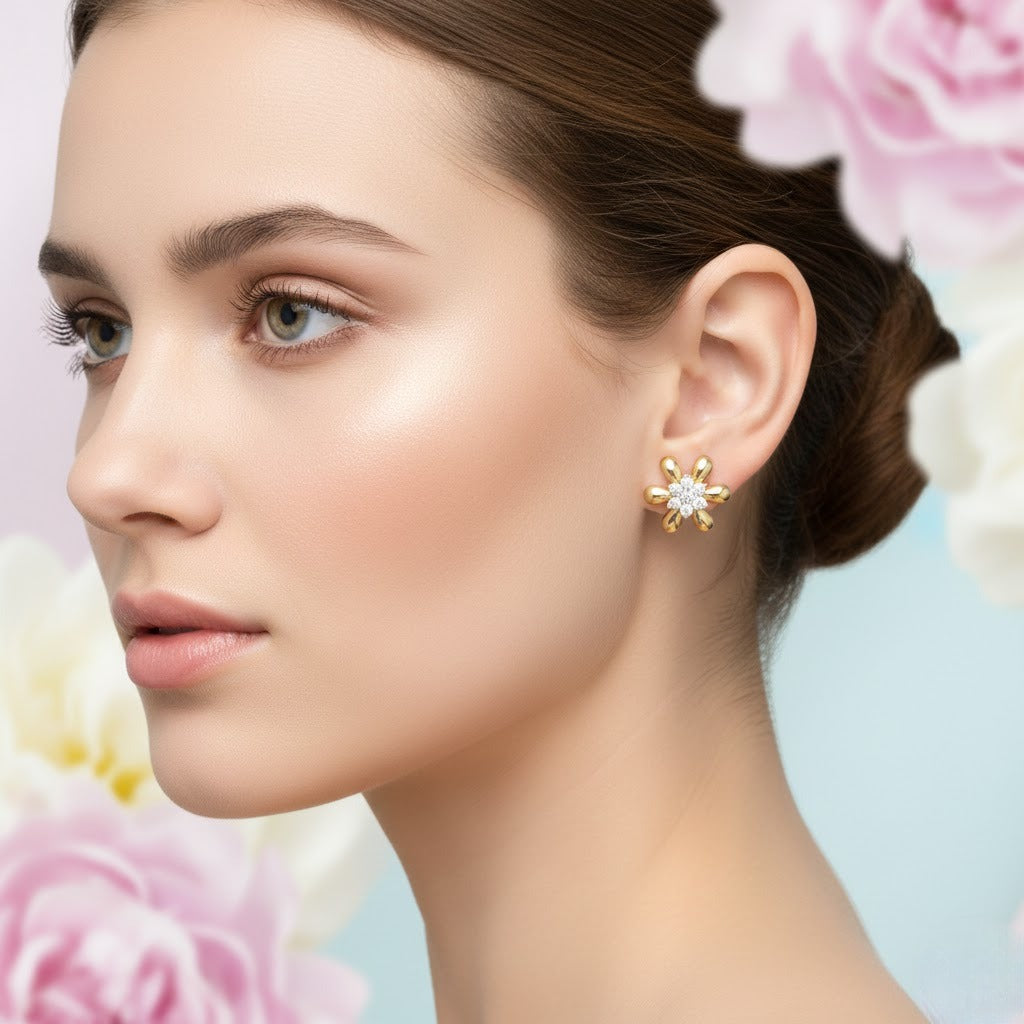 Delicate Floral Petal Diamond Gold Earrings