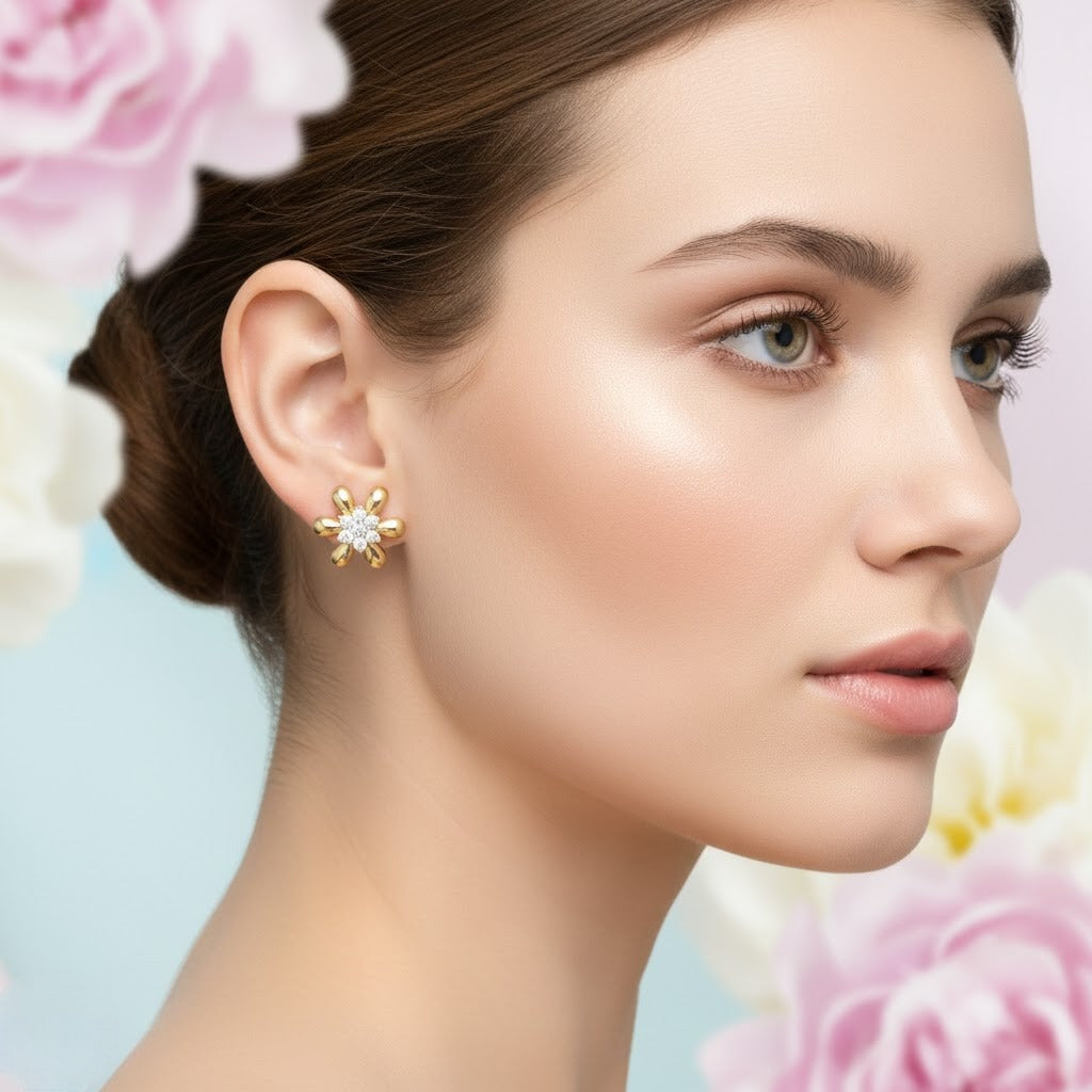 Delicate Floral Petal Diamond Gold Earrings