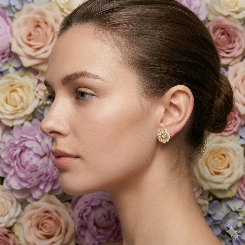 Vintage Floral Rosette Diamond Gold Earrings