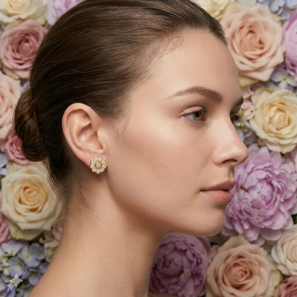 Vintage Floral Rosette Diamond Gold Earrings