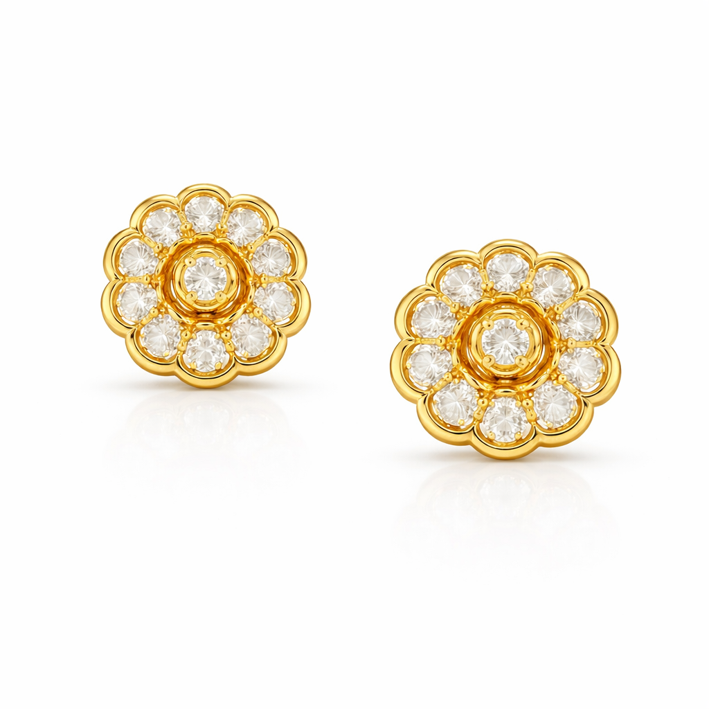 Vintage Floral Rosette Diamond Gold Earrings