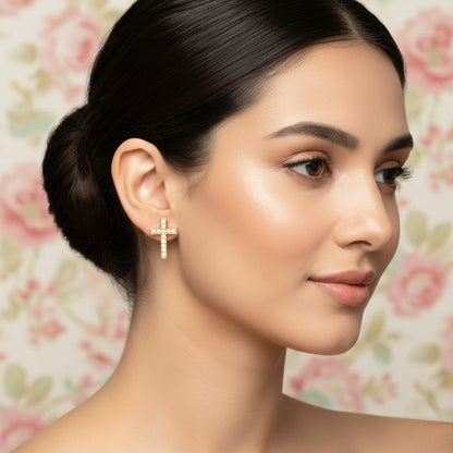 Classic Cross Diamond Gold Earrings