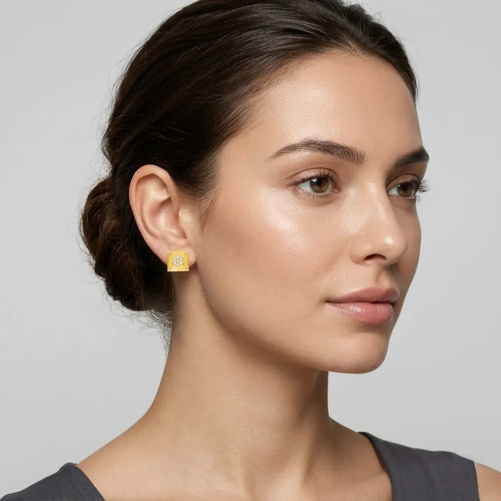 Square Floral Diamond Gold Earrings