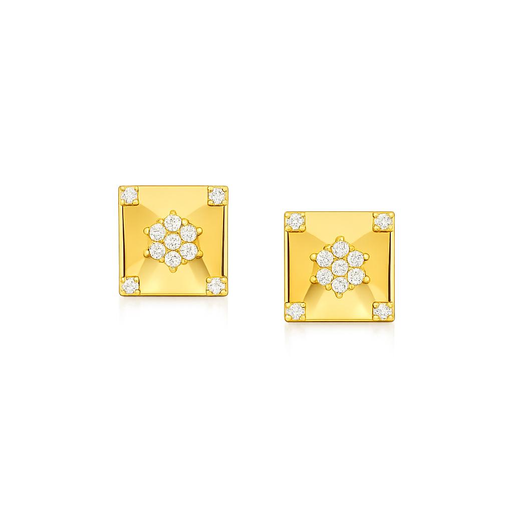 Square Floral Diamond Gold Earrings