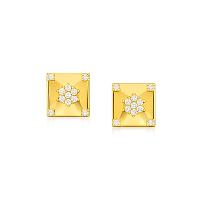 Square Floral Diamond Gold Earrings