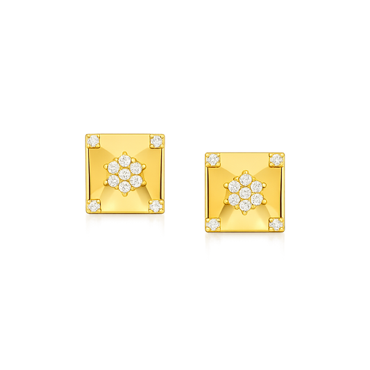 Square Floral Diamond Gold Earrings