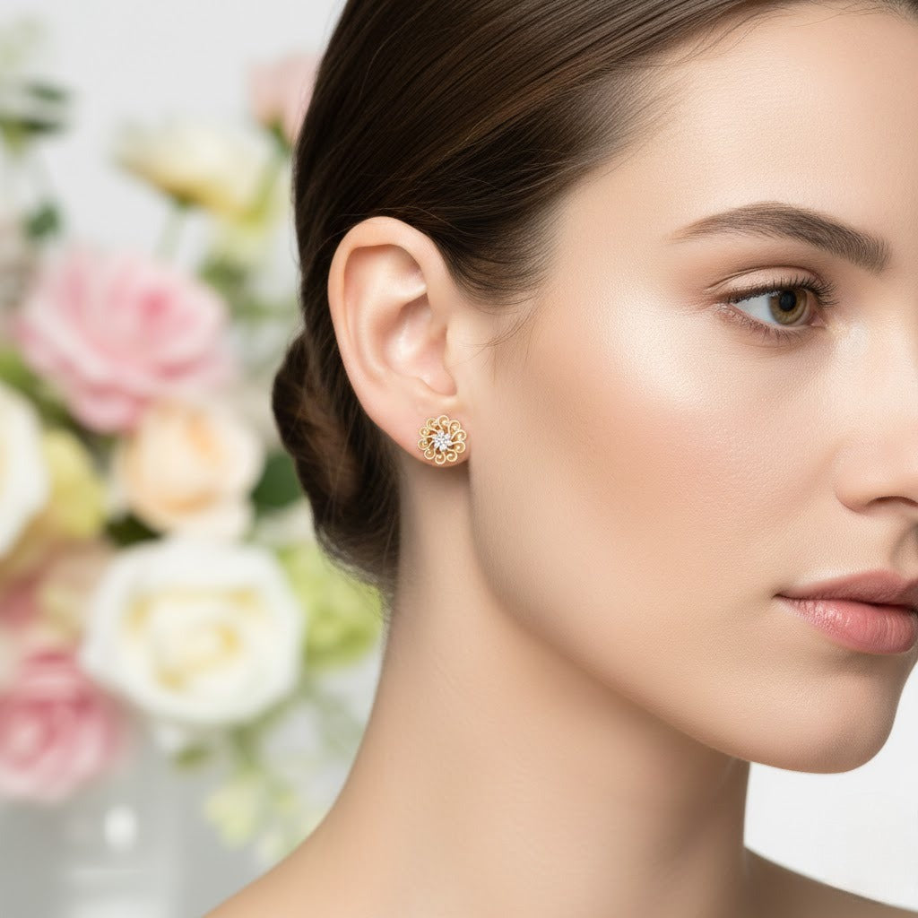 Ornate Scroll Design Diamond Gold Earrings