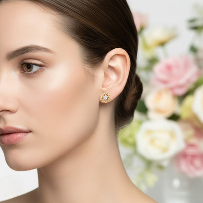 Ornate Scroll Design Diamond Gold Earrings