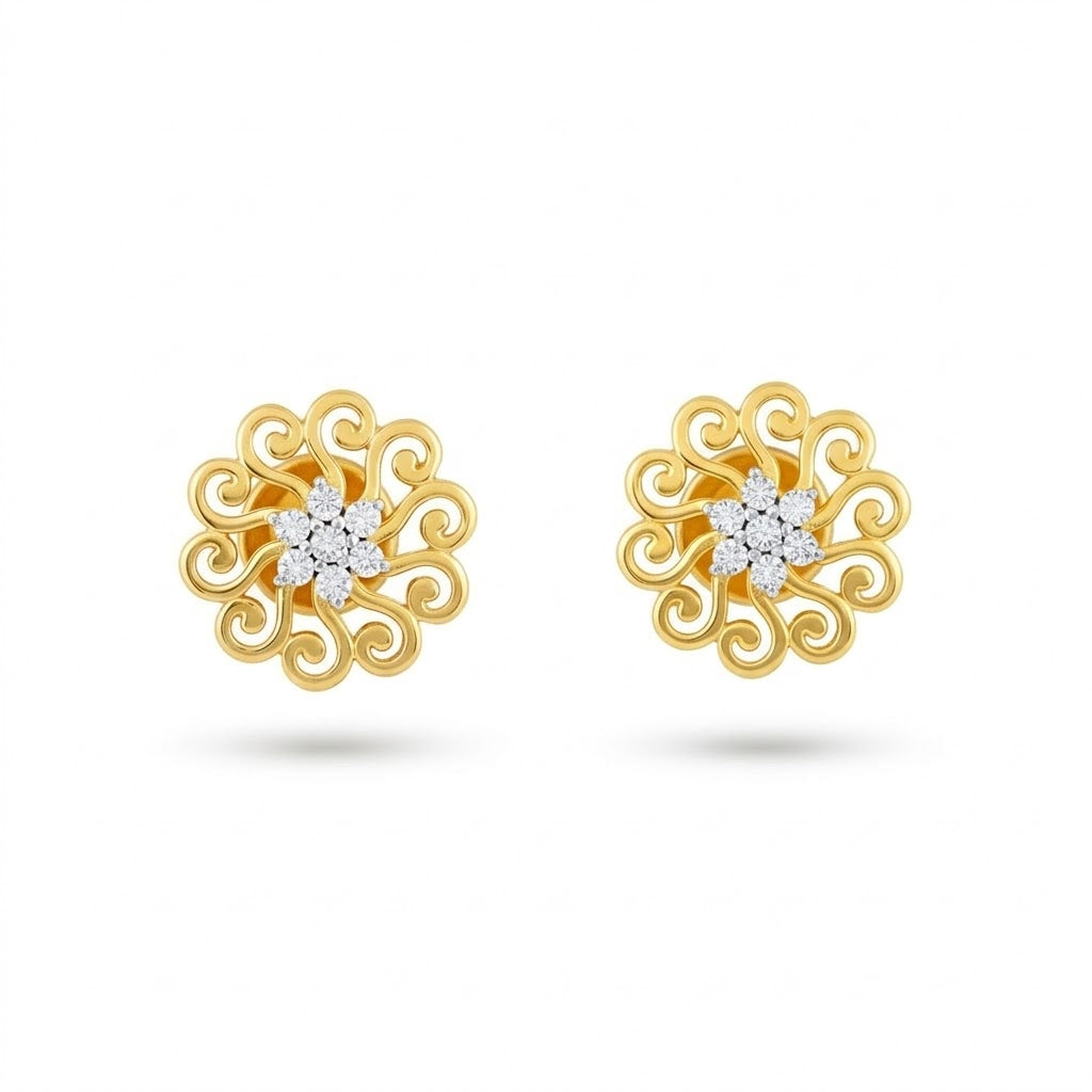 Ornate Scroll Design Diamond Gold Earrings