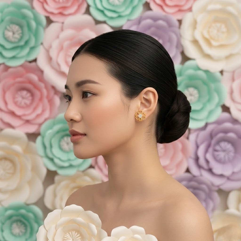 Gold Heart Floral Stud Earring