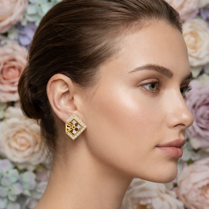 Artistic Geometric Frame Diamond Gold Earrings