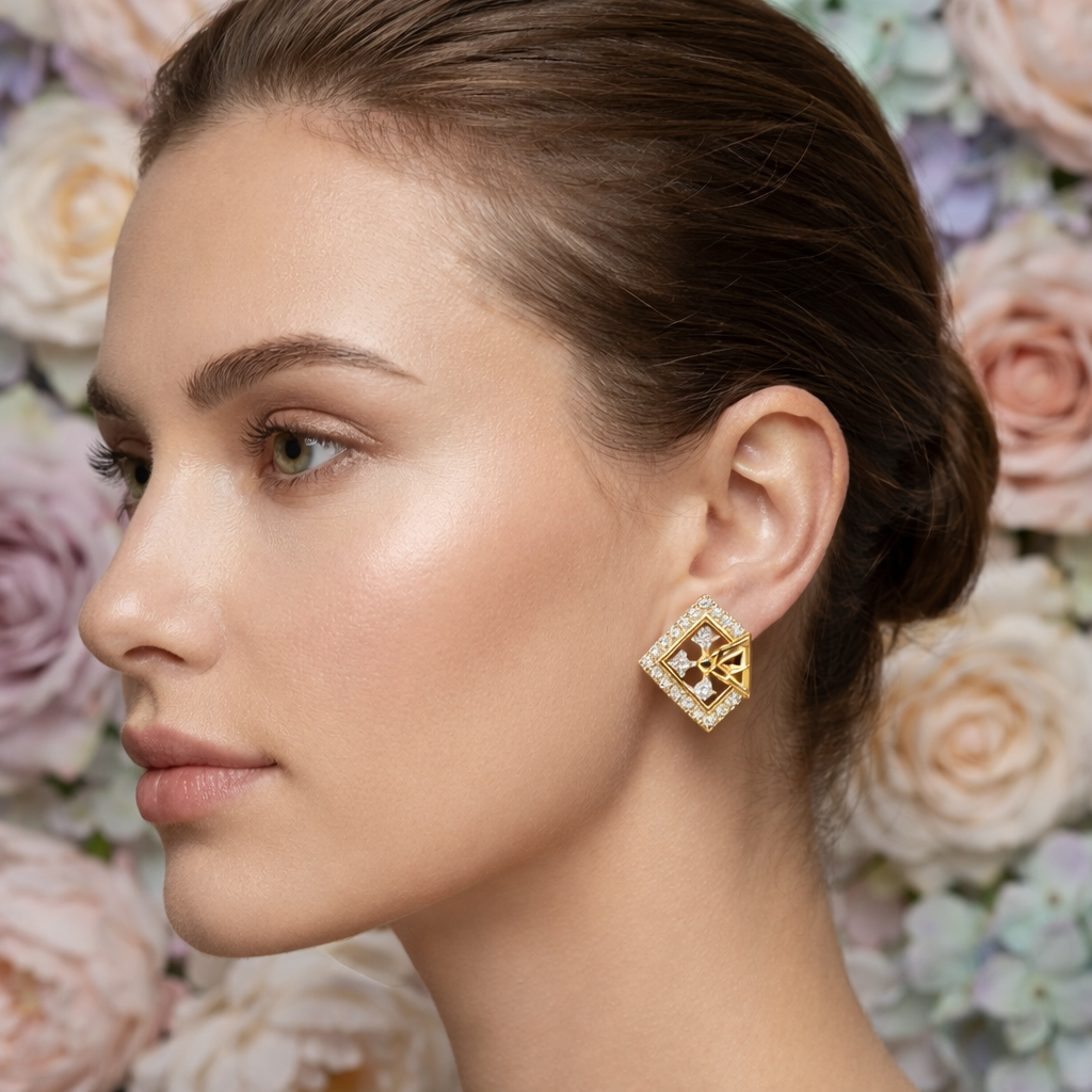 Artistic Geometric Frame Diamond Gold Earrings