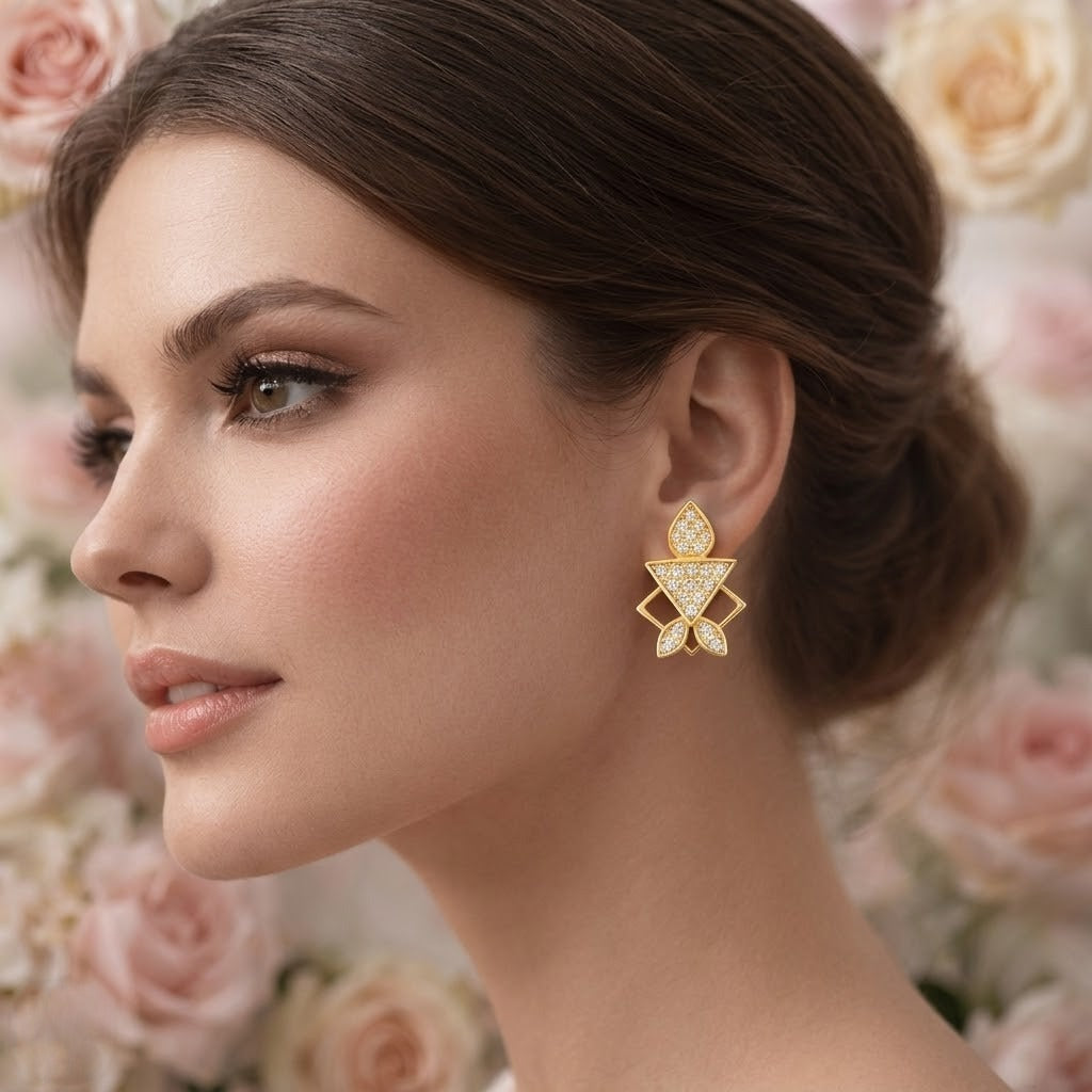 Geometric Petal Stack Diamond Gold Earrings