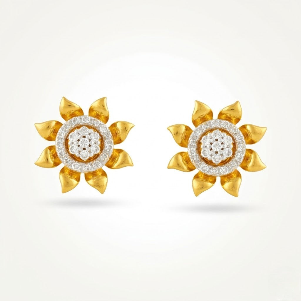 Radiant Sunflower Halo Diamond Gold Earrings