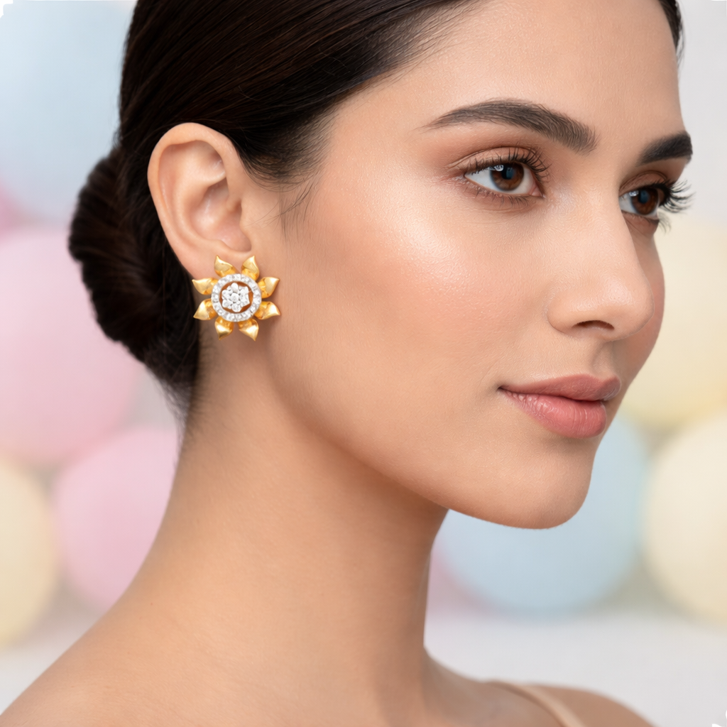 Radiant Sunflower Halo Diamond Gold Earrings