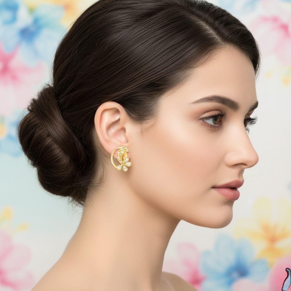 Graceful Curved Floral Diamond Gold Earrings