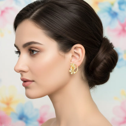 Graceful Curved Floral Diamond Gold Earrings
