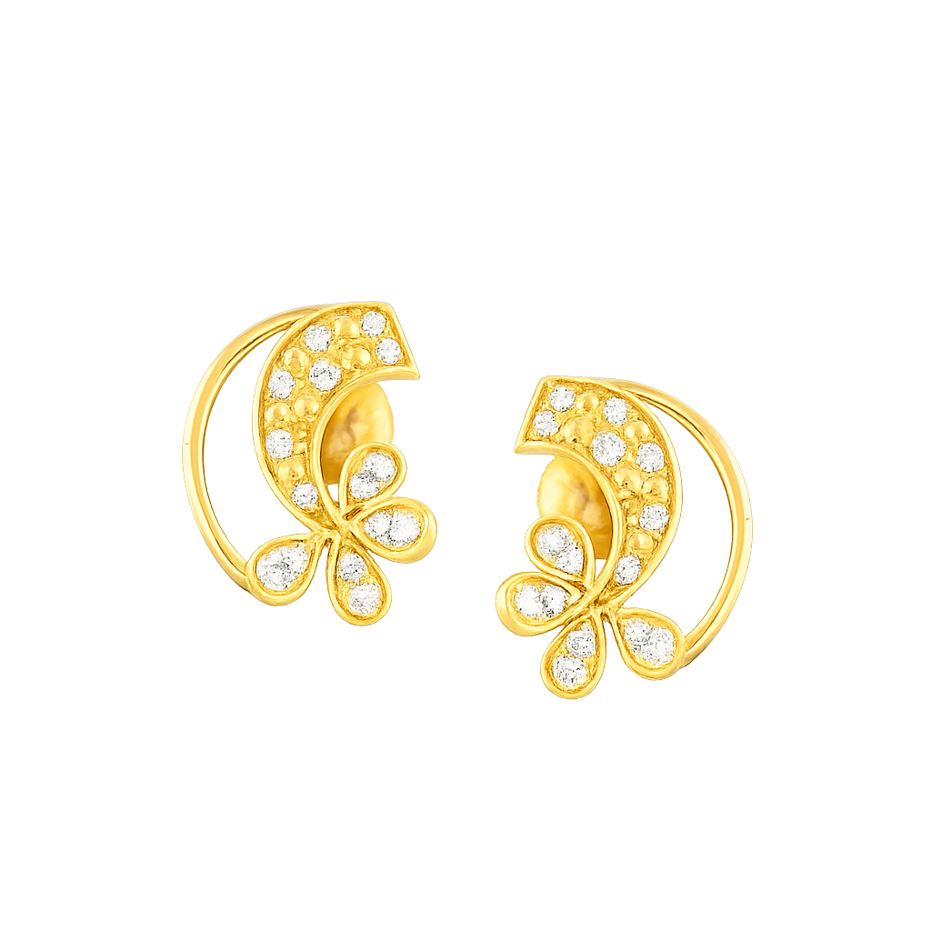 Graceful Curved Floral Diamond Gold Earrings