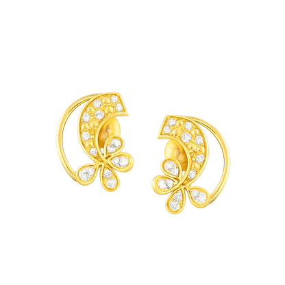 Graceful Curved Floral Diamond Gold Earrings