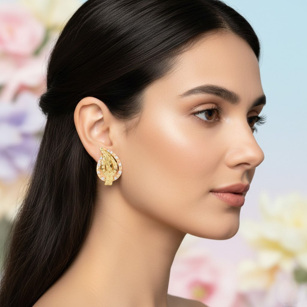 Paisley Leaf Elegance Diamond Gold Earrings