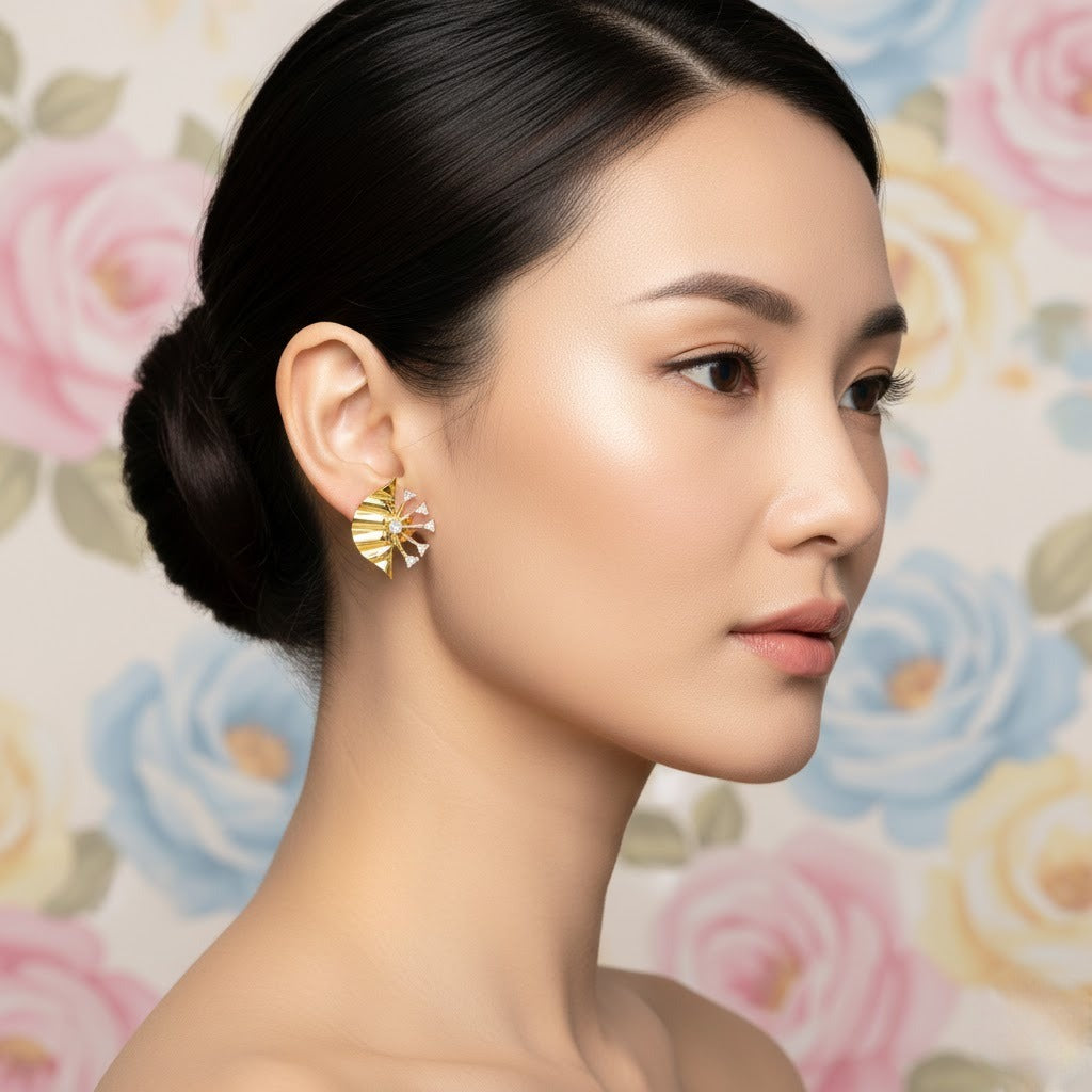 Sunray Fan Diamond Gold Earrings
