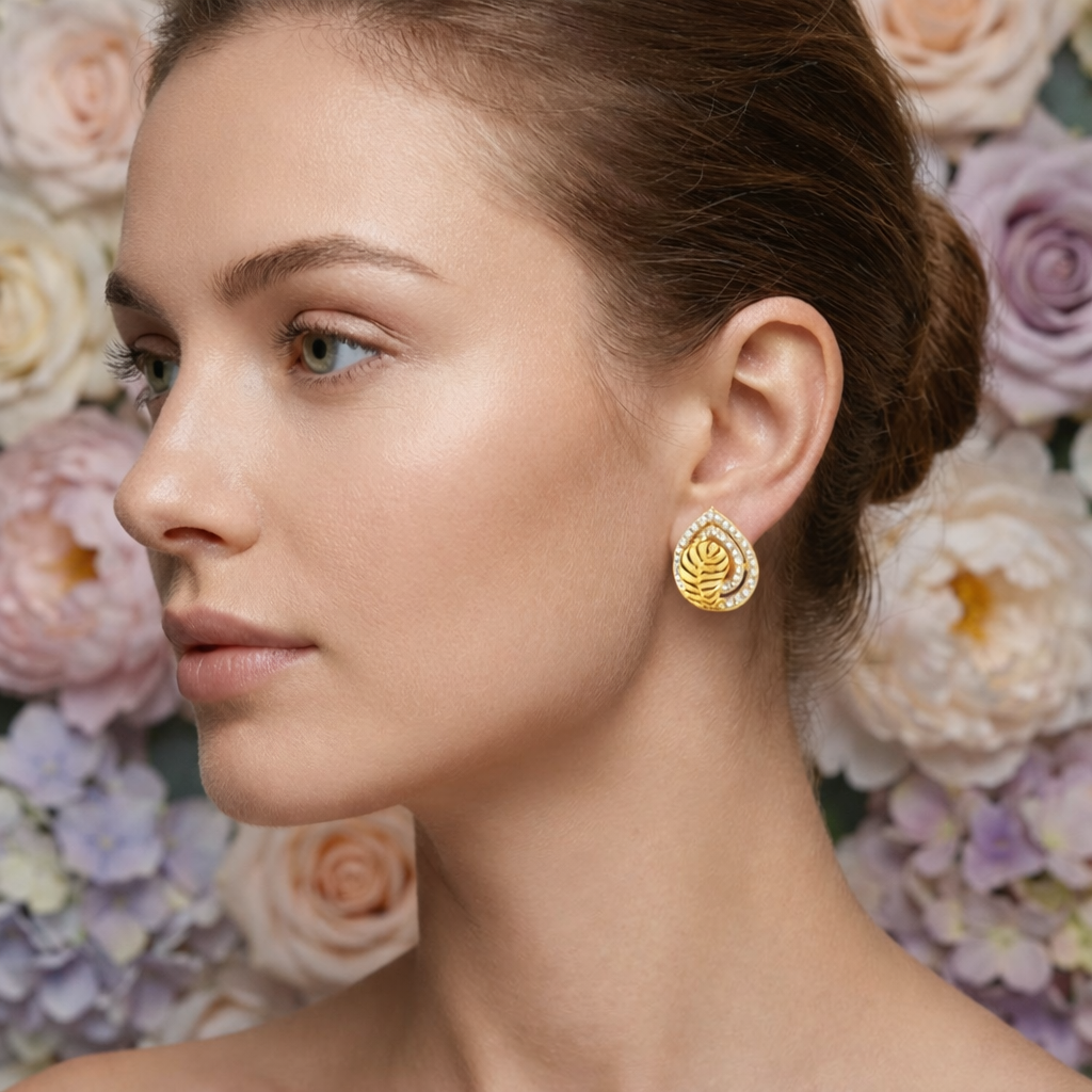 Leaf Drop Halo Diamond Gold Earrings