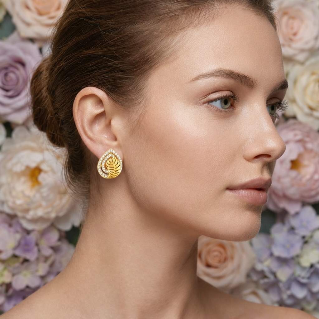 Leaf Drop Halo Diamond Gold Earrings