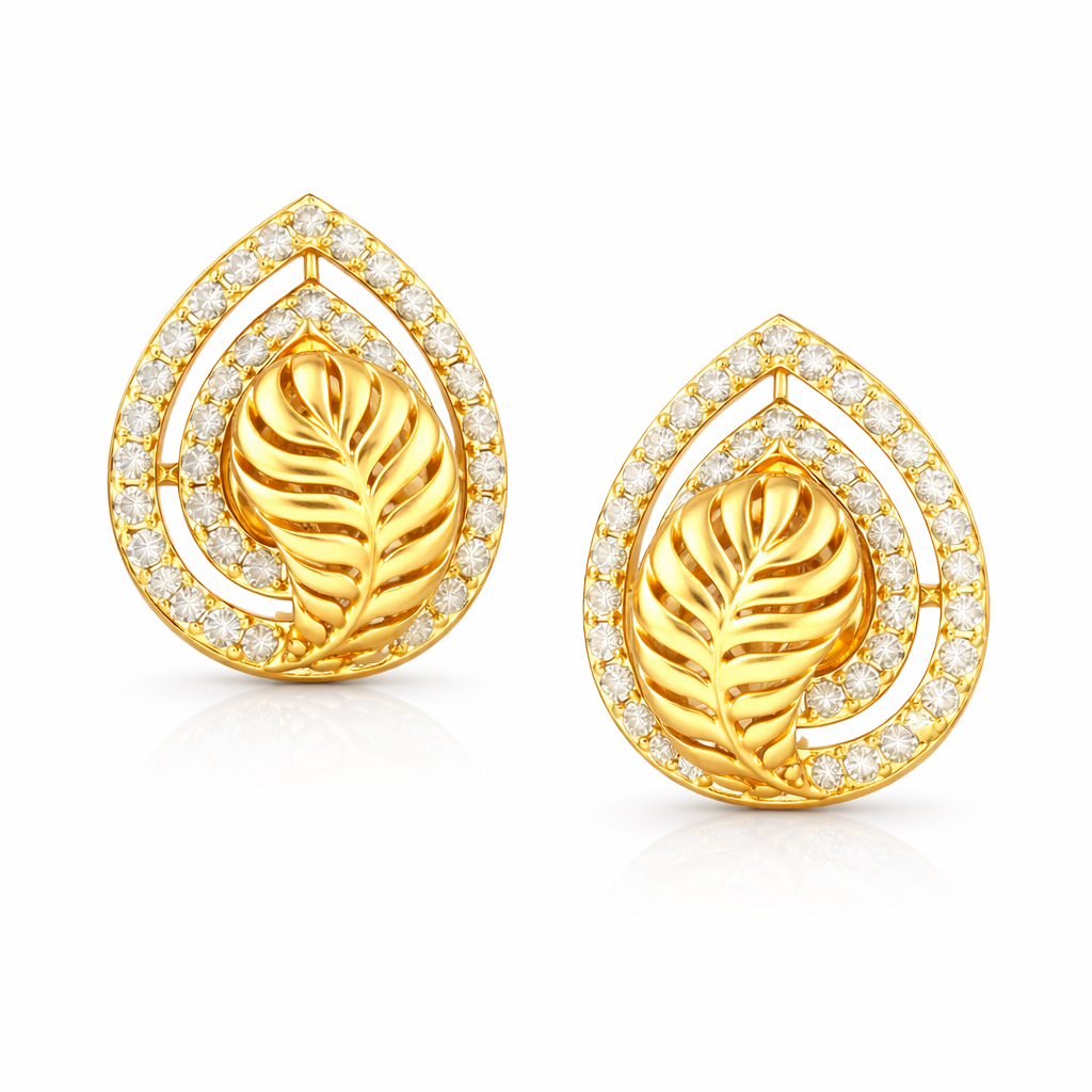 Leaf Drop Halo Diamond Gold Earrings