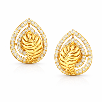 Leaf Drop Halo Diamond Gold Earrings