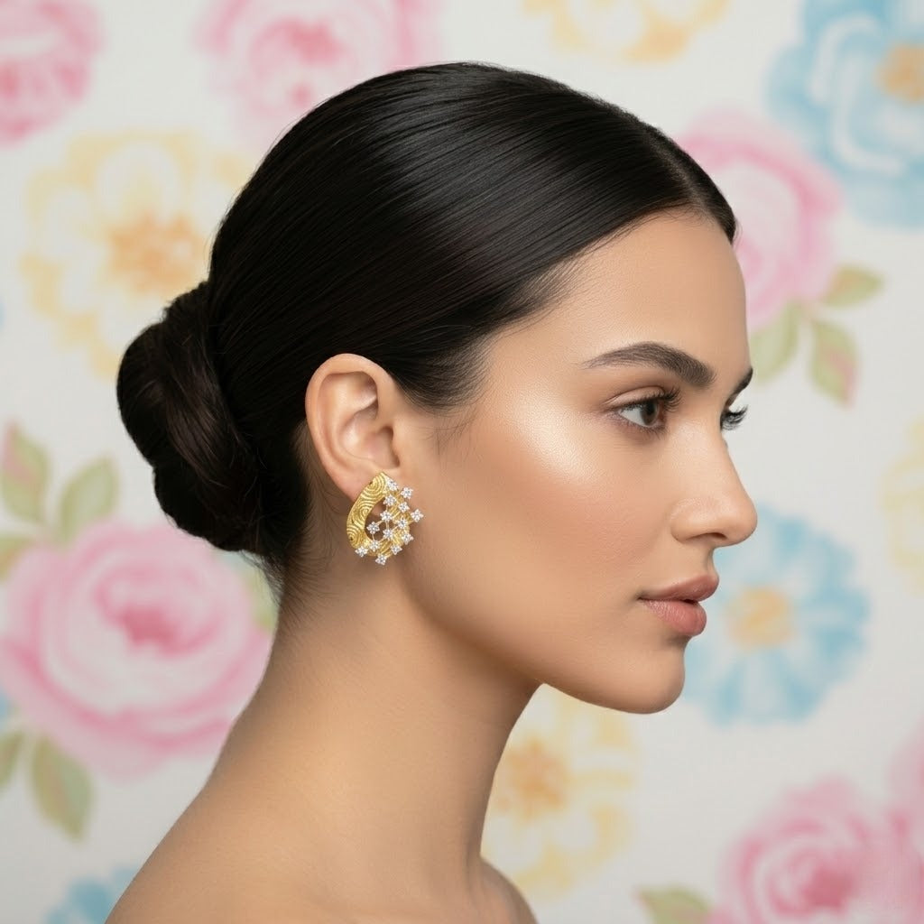 Artisan Floral Textured Diamond Gold Earrings