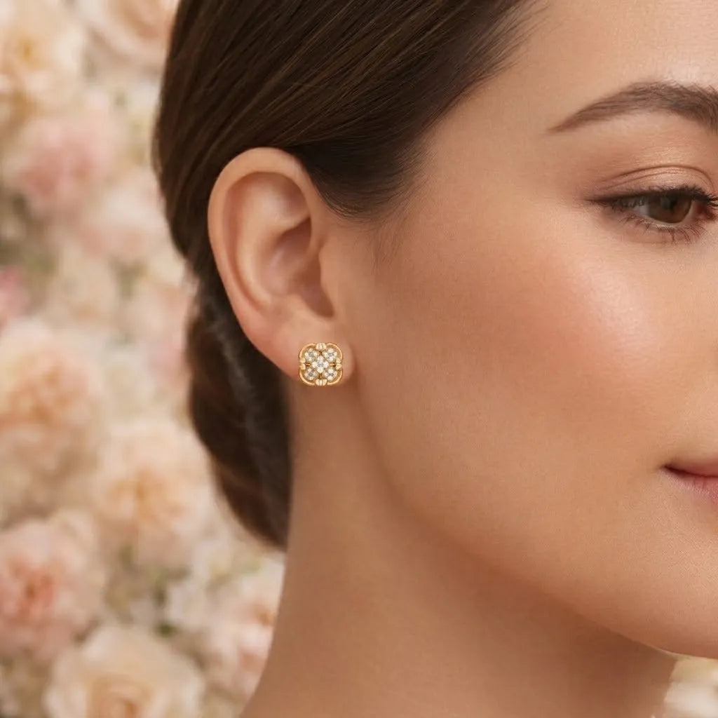 9K Yellow Gold Clover Diamond Earrings for Women by TTJ Jewellery