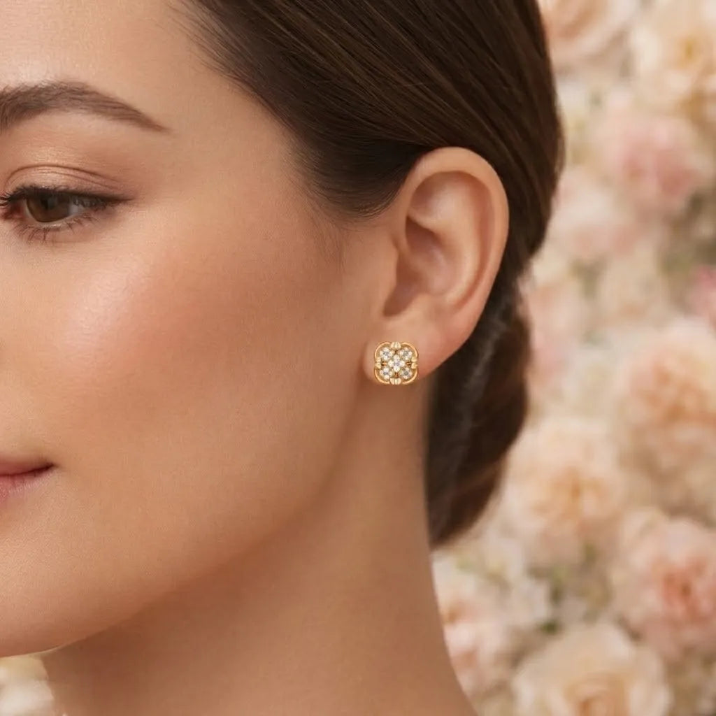 9K Yellow Gold Clover Diamond Earrings for Women by TTJ Jewellery