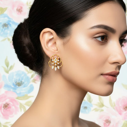 Ornate Floral Loop Diamond Gold Earrings