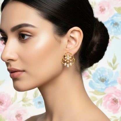 Ornate Floral Loop Diamond Gold Earrings