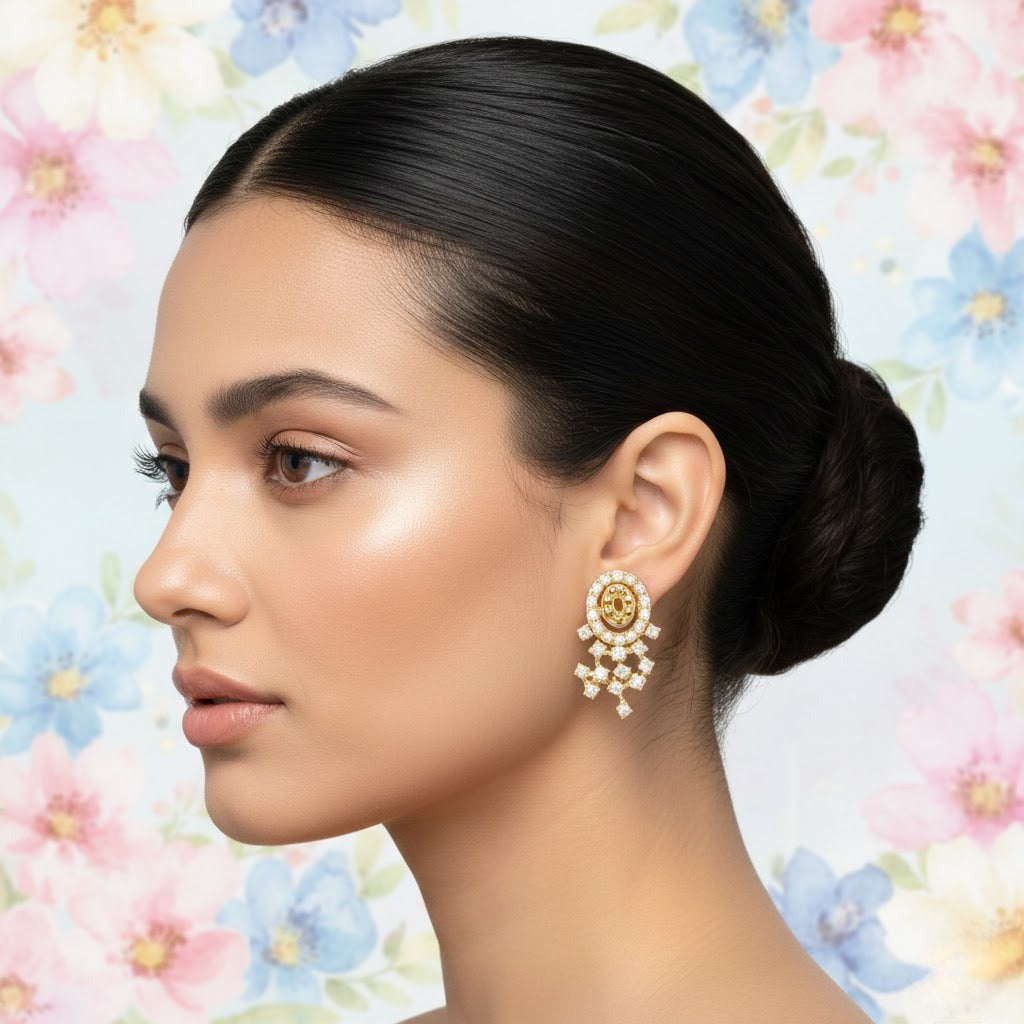 Ornate Crescent Drop Diamond Gold Earrings